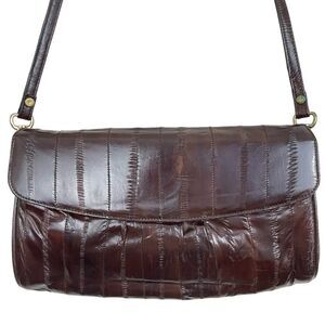 Vintage Eel Skin Medium Clutch Removable Shoulder Strap Chocolate Brown Flap